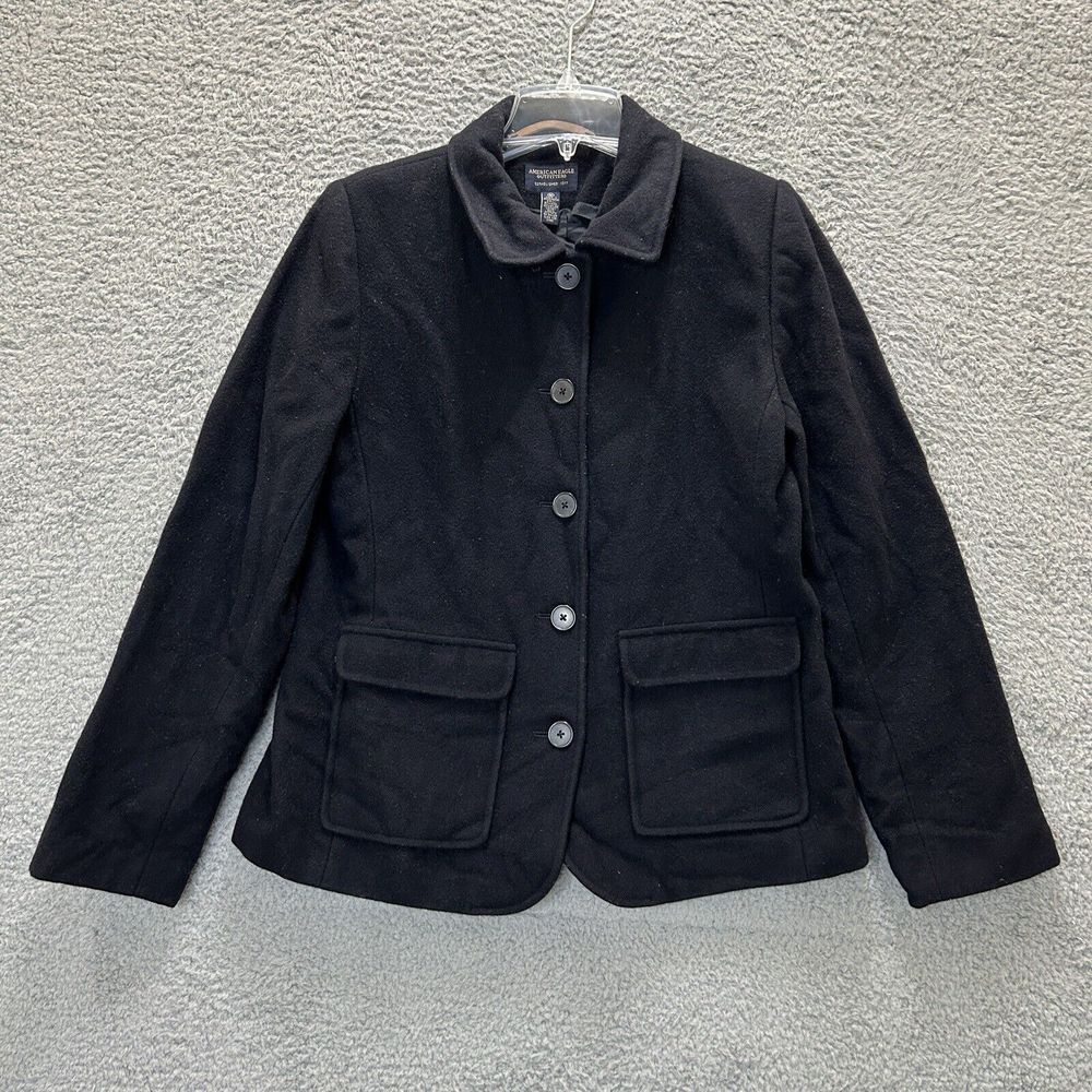 American Eagle Jacket Womens Medium Black Wool Nylon‎ Button Up Pockets Blazer